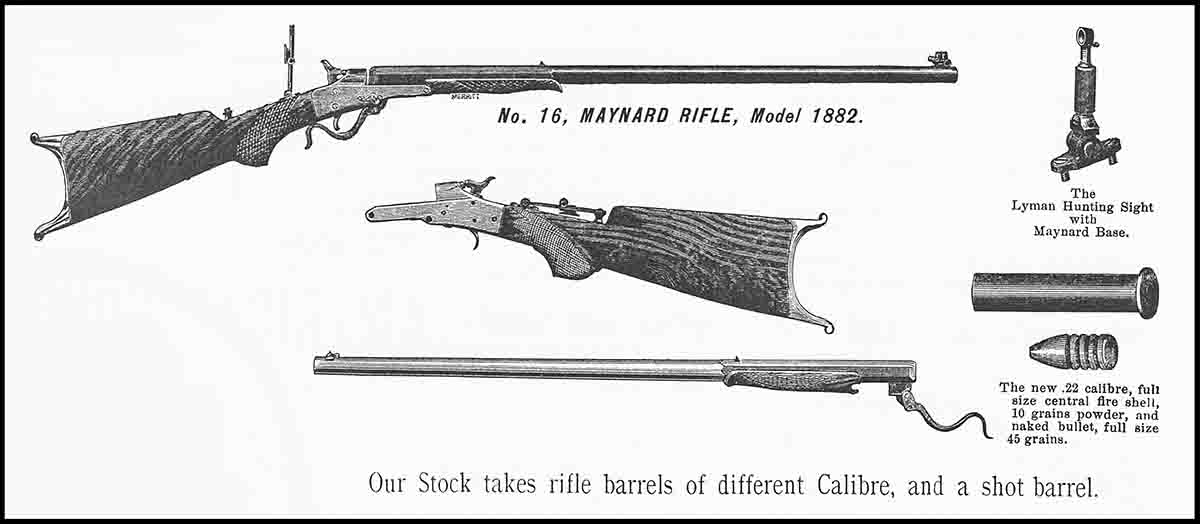 June, 1885 Massachusetts Arms Co. ad for the Maynard No. 16 rifle, chambered for the .22-10-45 Maynard cartridge.